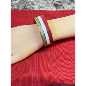 Vintage Red White &‎ Gold Enamel Stripe GoldTone Hinged Bracelet Beautiful